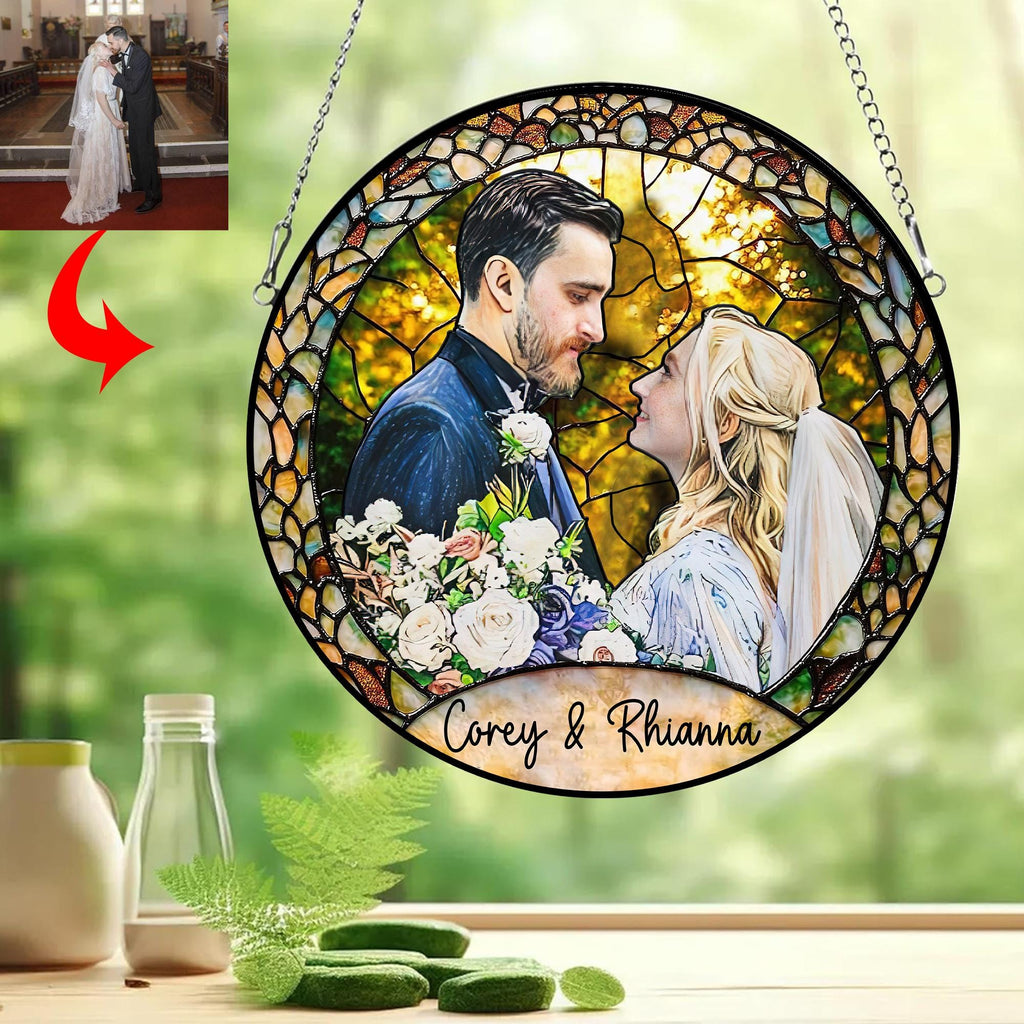 Custom Photo Stained Glass Suncatcher, Wedding Anniversary Valentine Gift, Couple Personalized Window Hanging Suncatcher, For Husband Wife