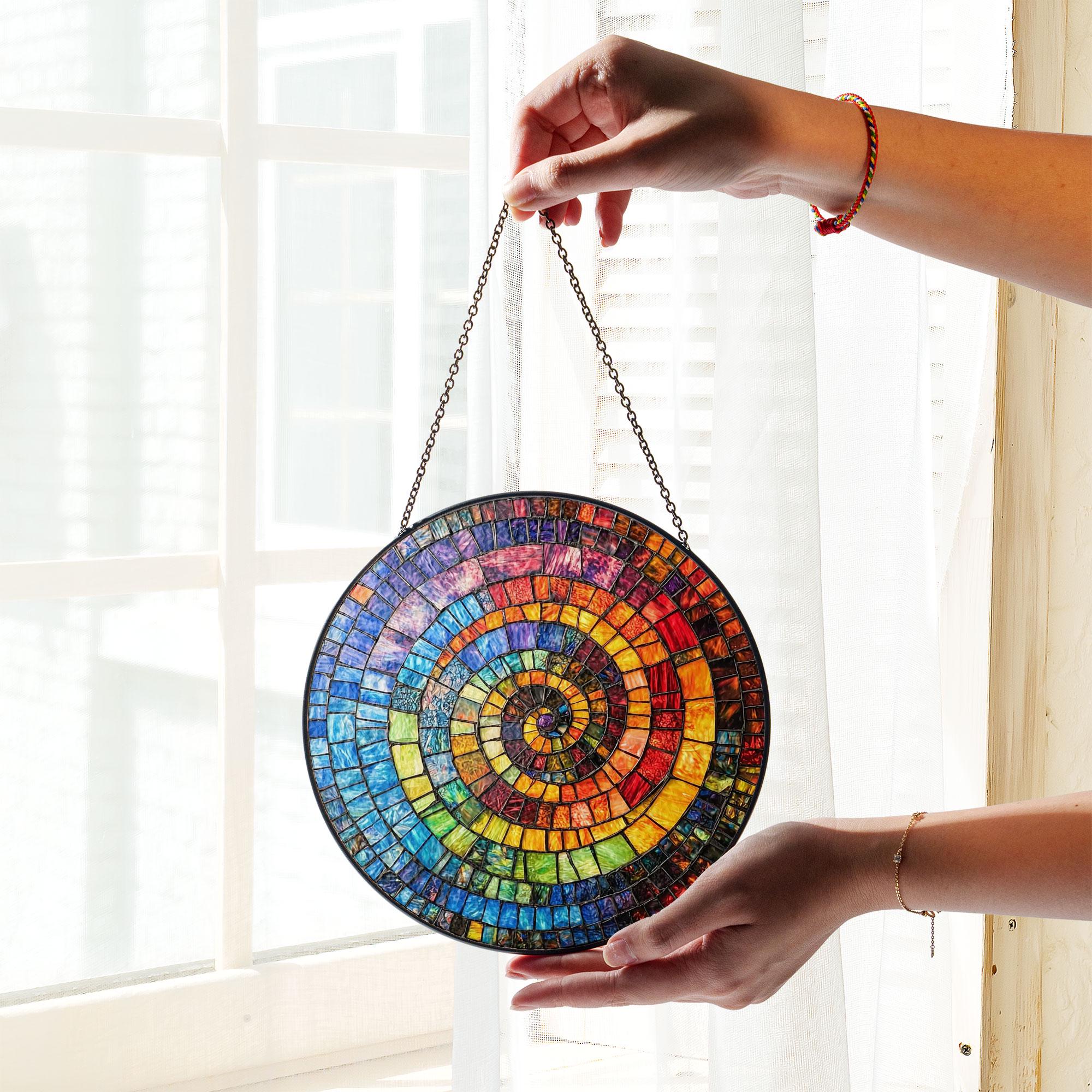 Rainbow Spiral Mosaic Stained Glass Suncatcher – Colorful Round Window Decor, Abstract Boho Art Gift for Her, Vibrant Sunlight Hanging