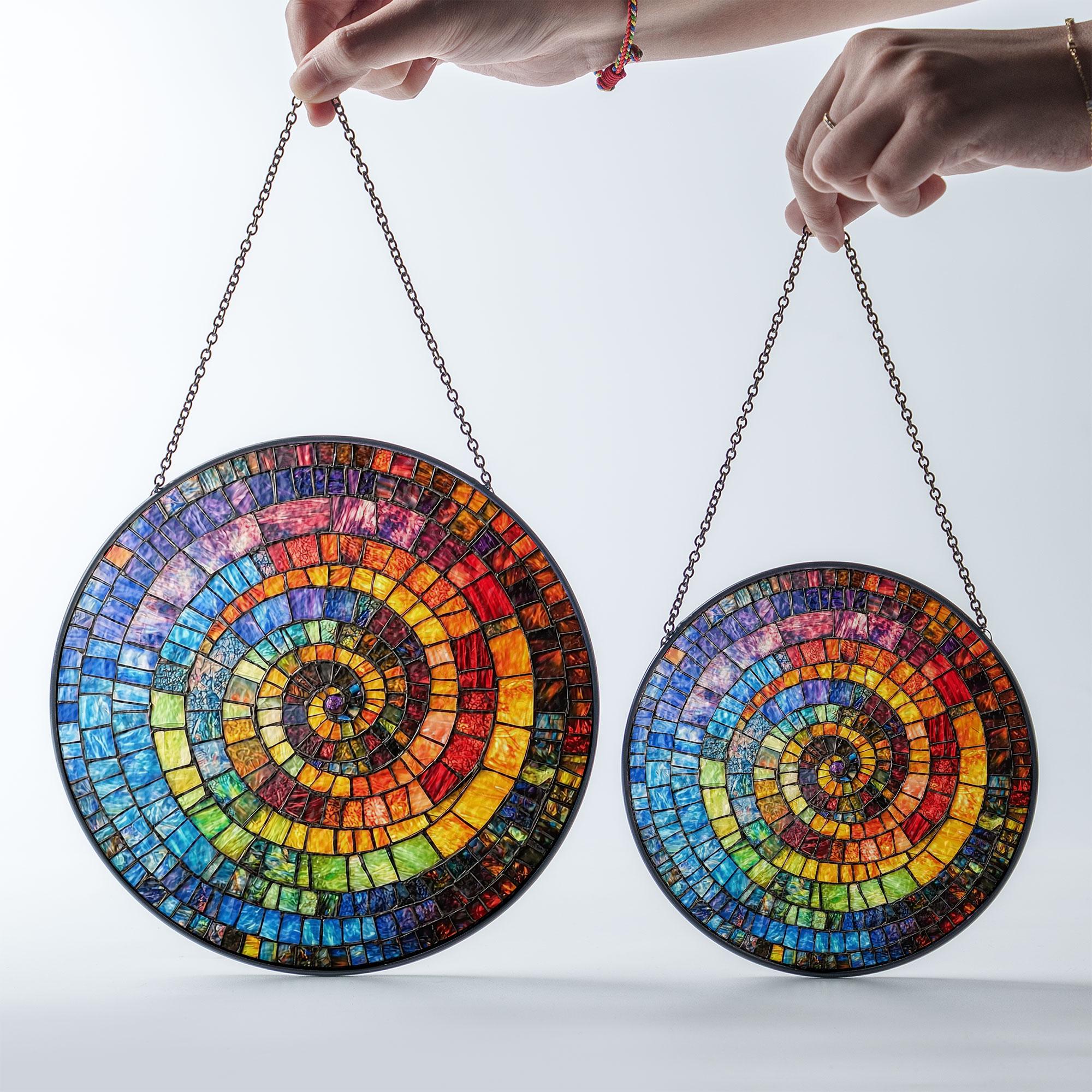 Rainbow Spiral Mosaic Stained Glass Suncatcher – Colorful Round Window Decor, Abstract Boho Art Gift for Her, Vibrant Sunlight Hanging