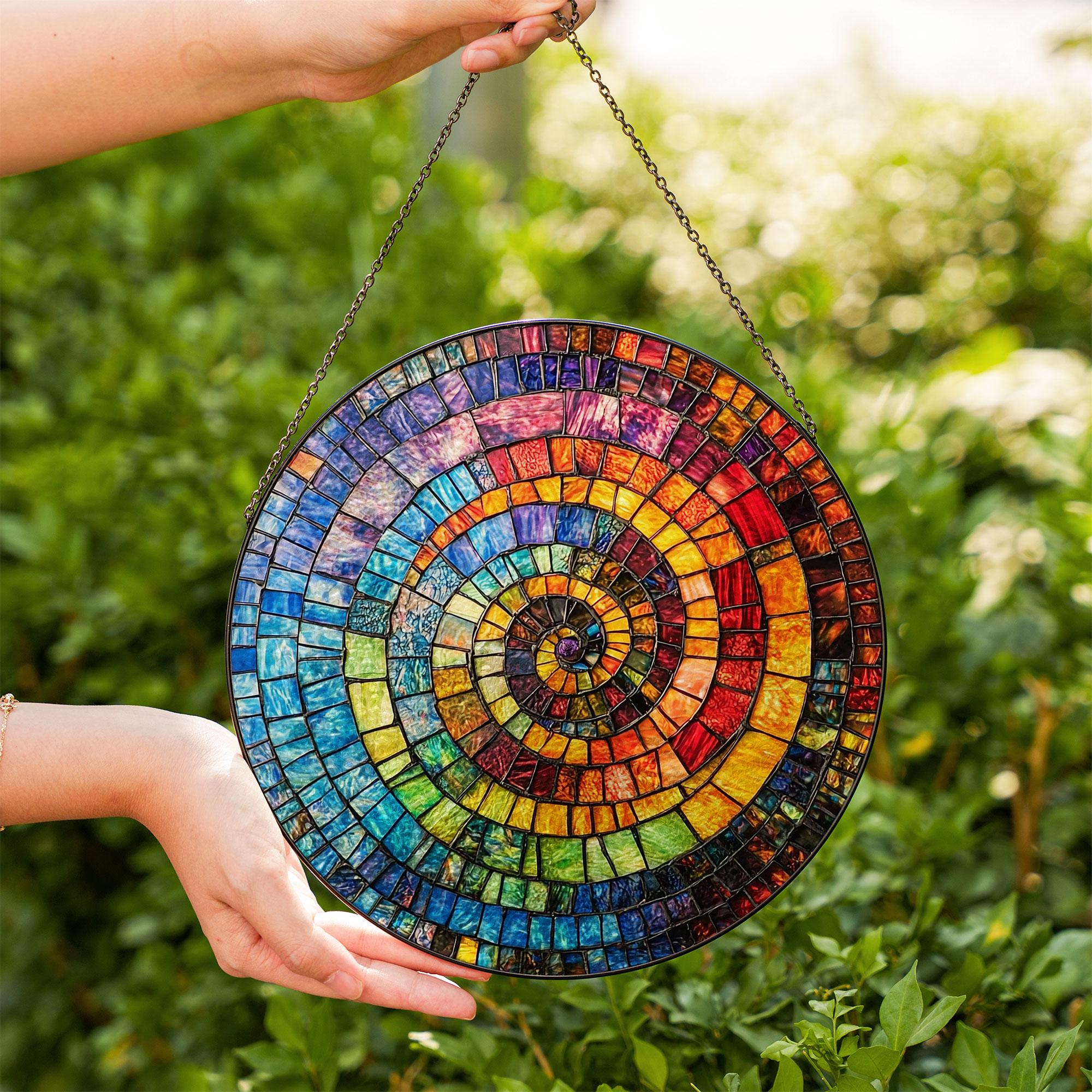 Rainbow Spiral Mosaic Stained Glass Suncatcher – Colorful Round Window Decor, Abstract Boho Art Gift for Her, Vibrant Sunlight Hanging