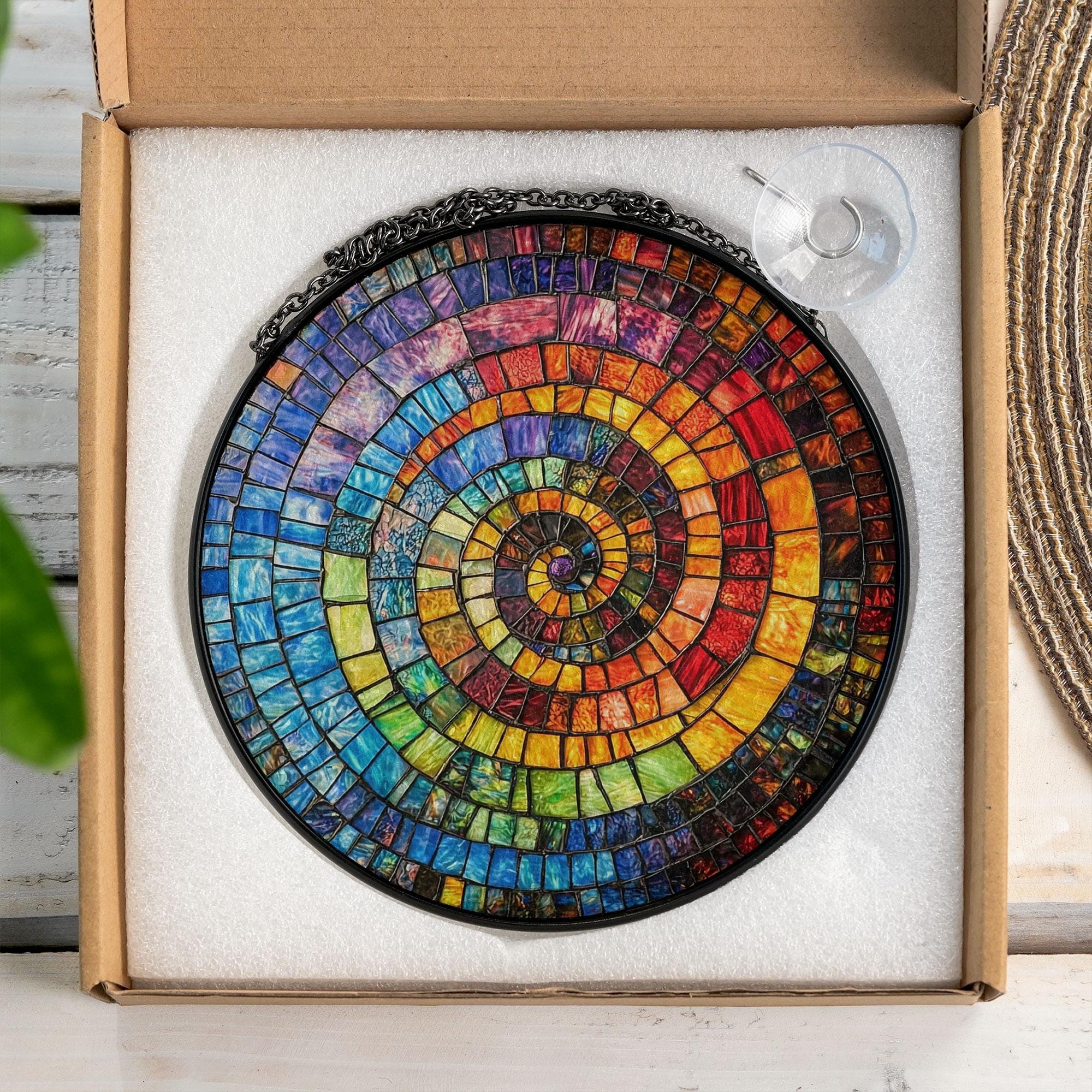 Rainbow Spiral Mosaic Stained Glass Suncatcher – Colorful Round Window Decor, Abstract Boho Art Gift for Her, Vibrant Sunlight Hanging