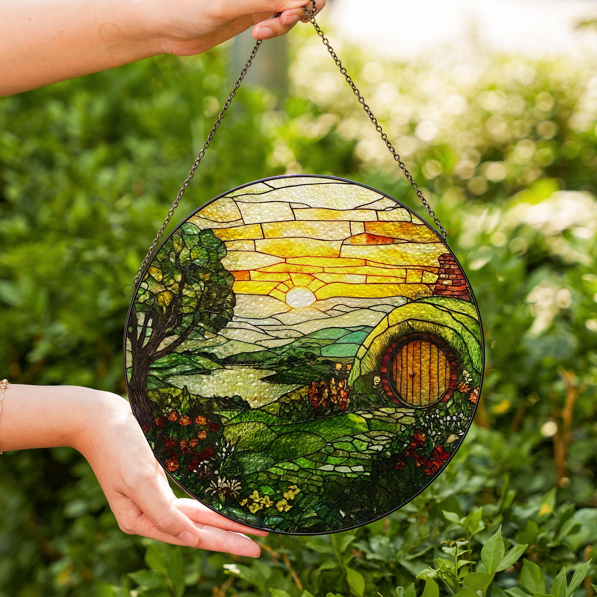 The Shire Stained Glass Suncatcher, Hobbit House Acrylic Decor, Fantasy window hanging, LOTR Inspired Gift, Whimsical Cottagecore Accent