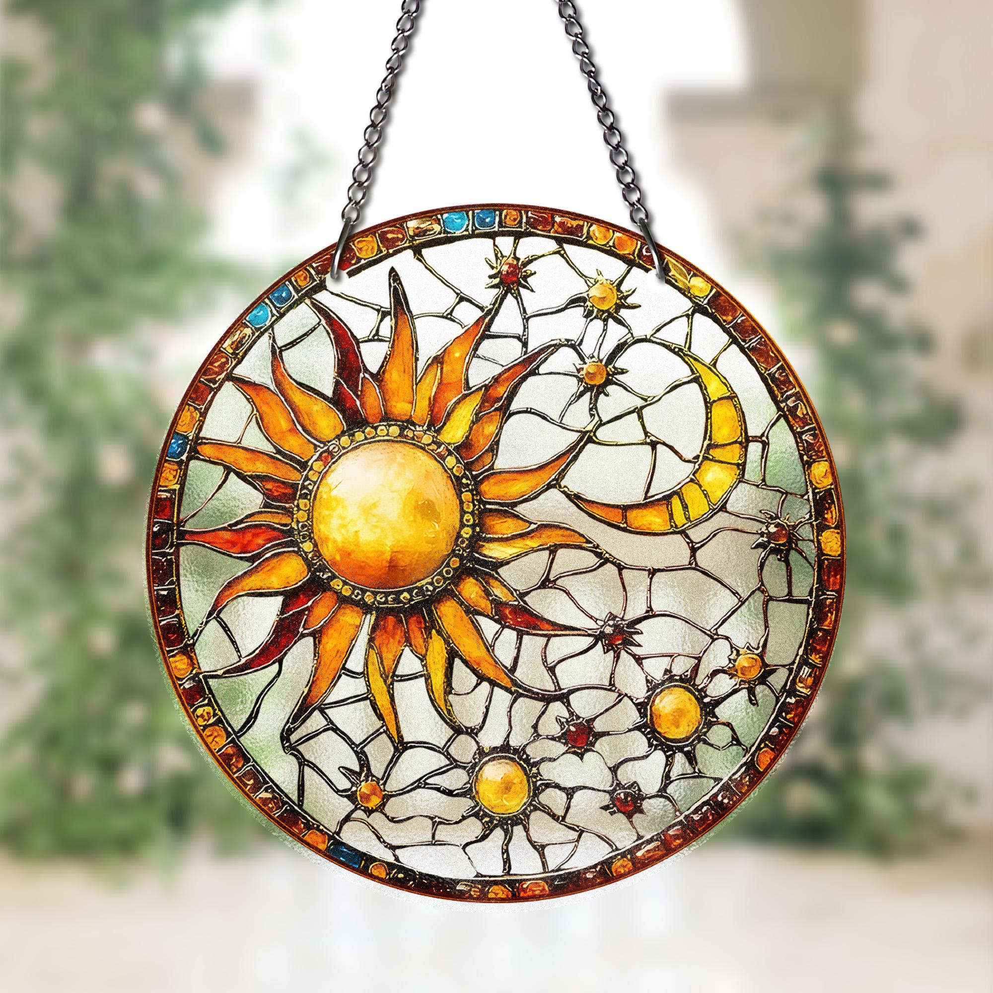 Sun and Moon STAINED GLASS Suncatcher Celestial Window Hanging, Handmade Sun Catcher Gift for Astrology and Boho Decor Lovers, Sun Lover