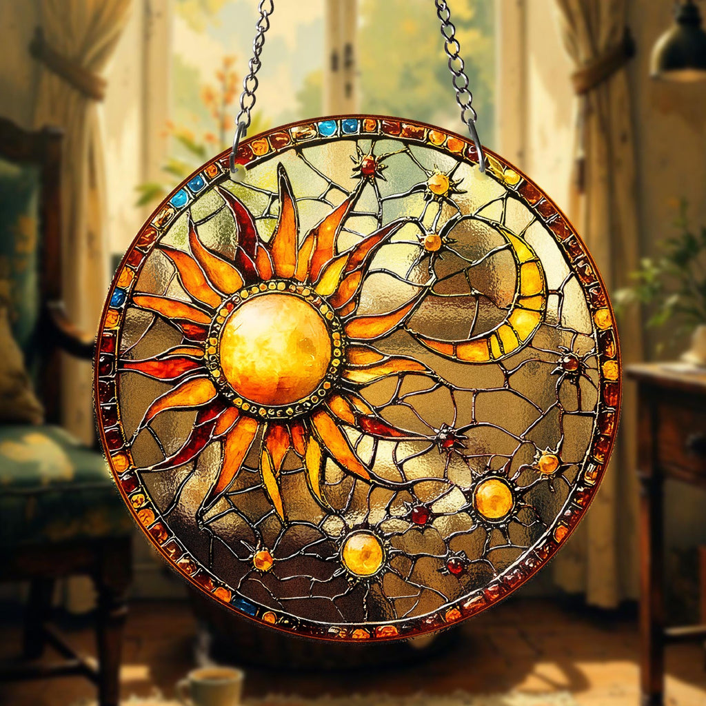 Sun and Moon STAINED GLASS Suncatcher Celestial Window Hanging, Handmade Sun Catcher Gift for Astrology and Boho Decor Lovers, Sun Lover