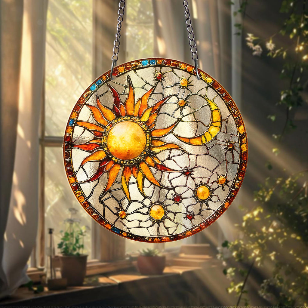 Sun and Moon STAINED GLASS Suncatcher Celestial Window Hanging, Handmade Sun Catcher Gift for Astrology and Boho Decor Lovers, Sun Lover