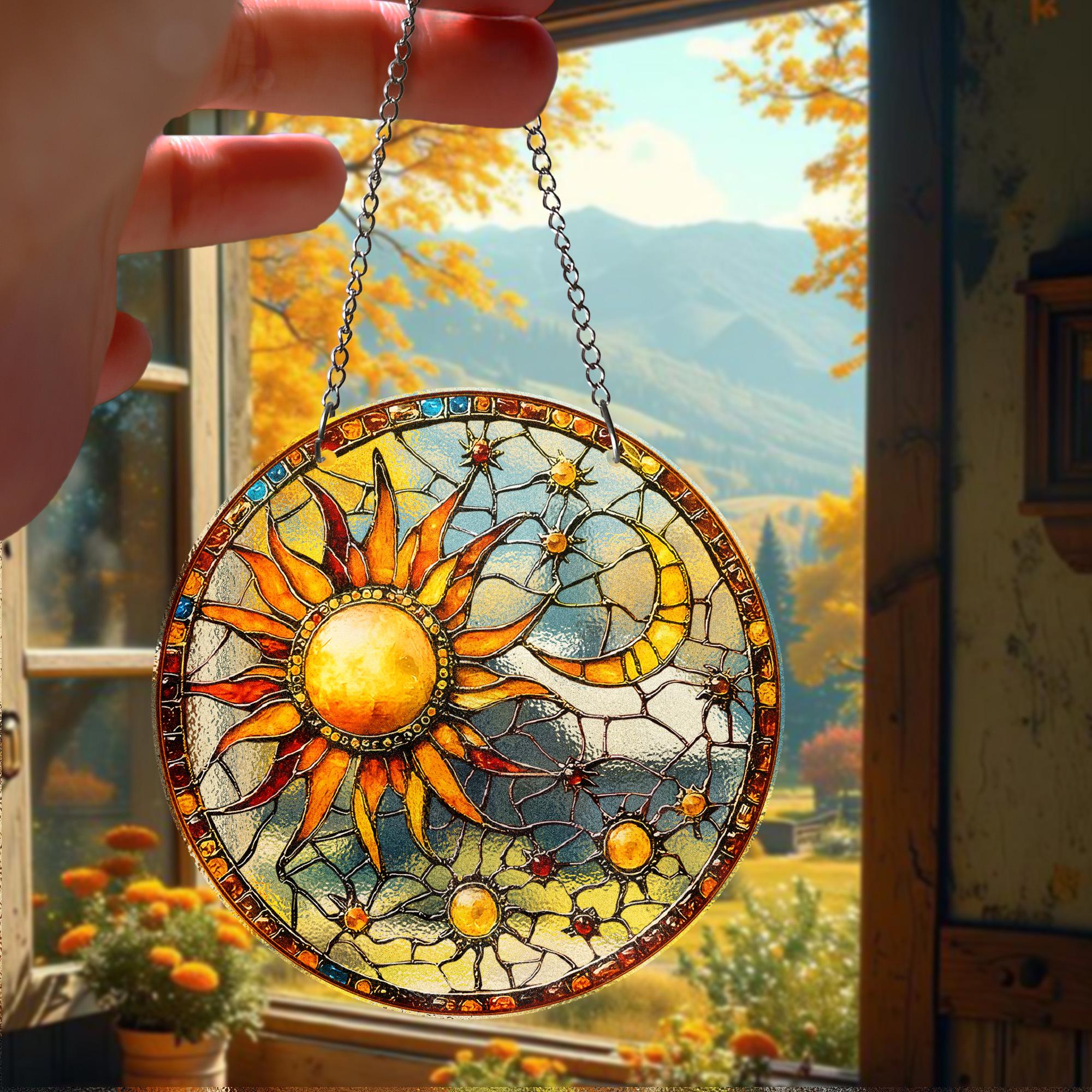 Sun and Moon STAINED GLASS Suncatcher Celestial Window Hanging, Handmade Sun Catcher Gift for Astrology and Boho Decor Lovers, Sun Lover