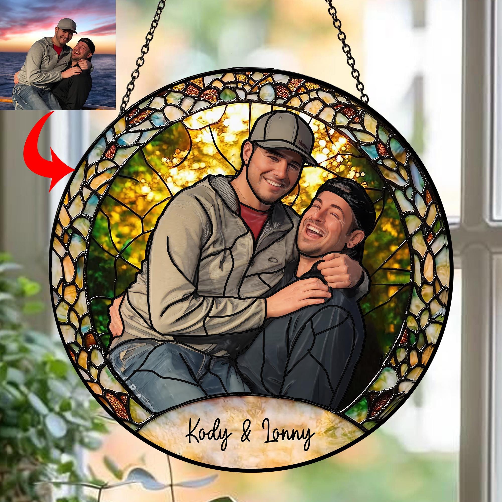 Custom Photo Stained Glass Suncatcher, Wedding Anniversary Valentine Gift, Couple Personalized Window Hanging Suncatcher, For Husband Wife