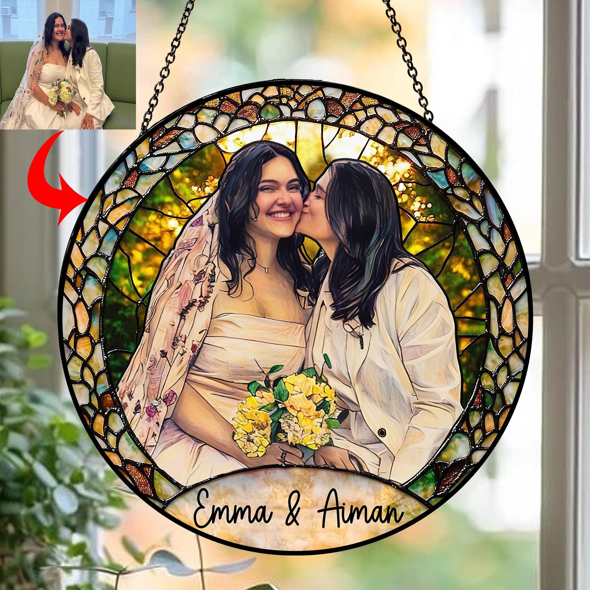 Custom Photo Stained Glass Suncatcher, Wedding Anniversary Valentine Gift, Couple Personalized Window Hanging Suncatcher, For Husband Wife