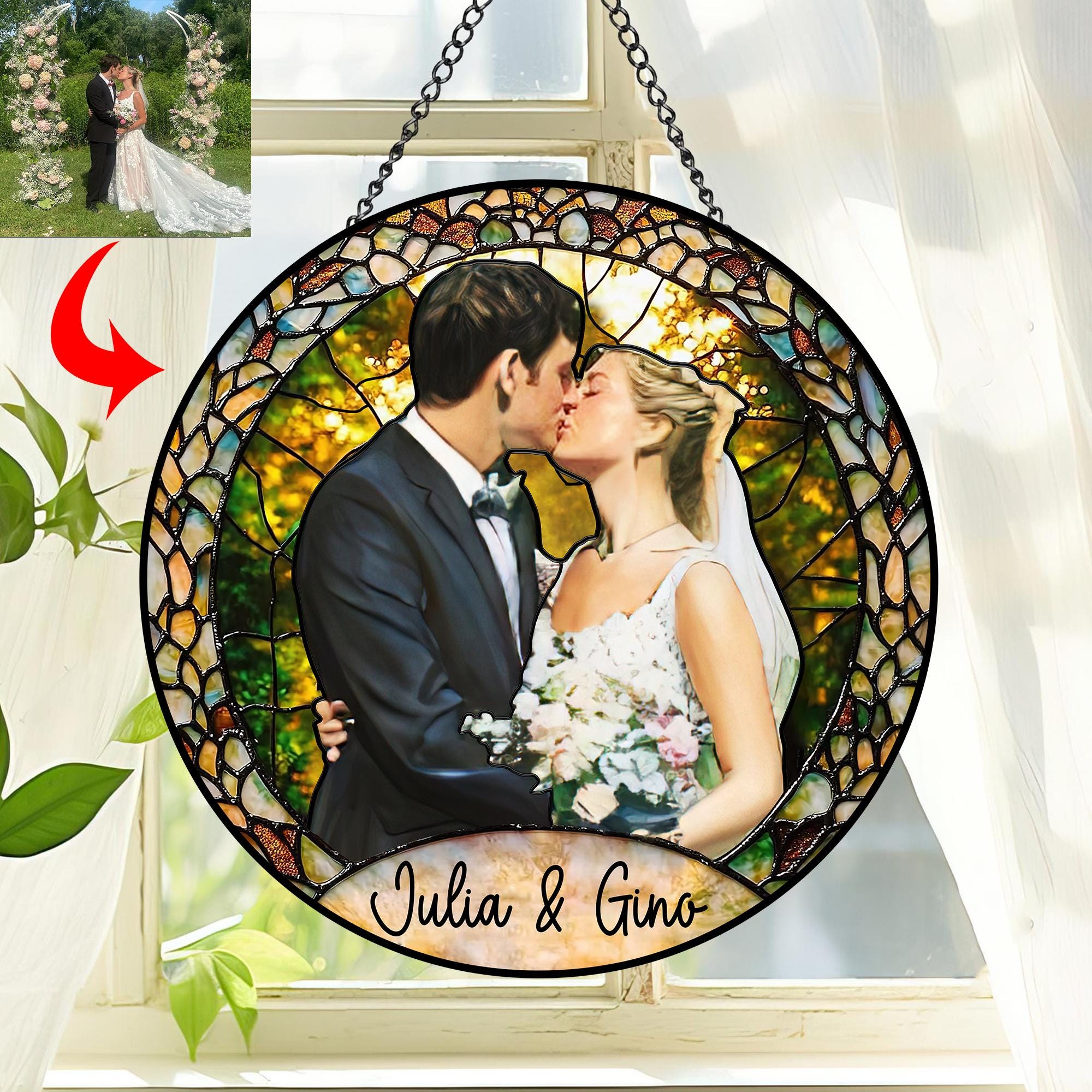 Custom Photo Stained Glass Suncatcher, Wedding Anniversary Valentine Gift, Couple Personalized Window Hanging Suncatcher, For Husband Wife