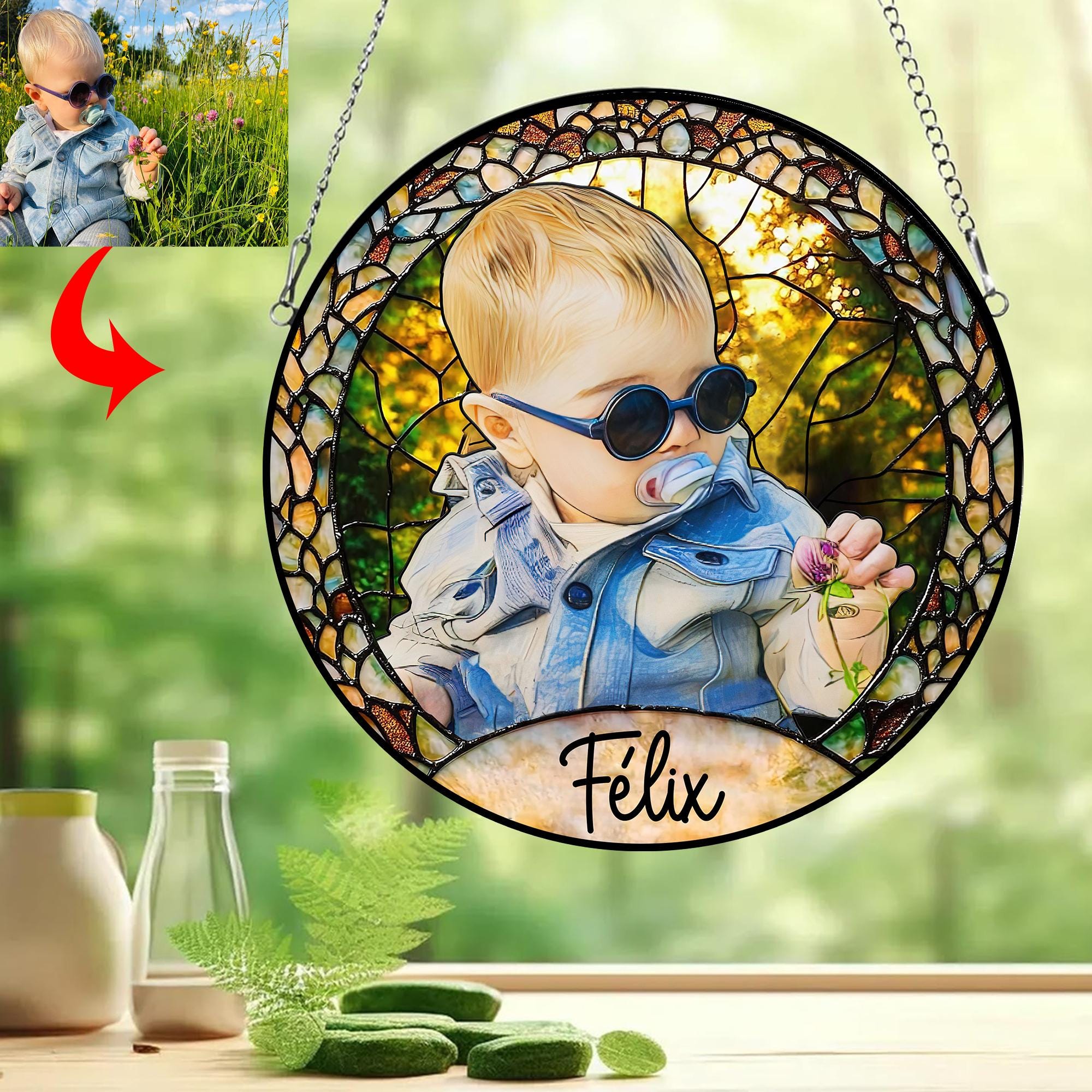Custom Photo Stained Glass Suncatcher, Wedding Anniversary Valentine Gift, Couple Personalized Window Hanging Suncatcher, For Husband Wife