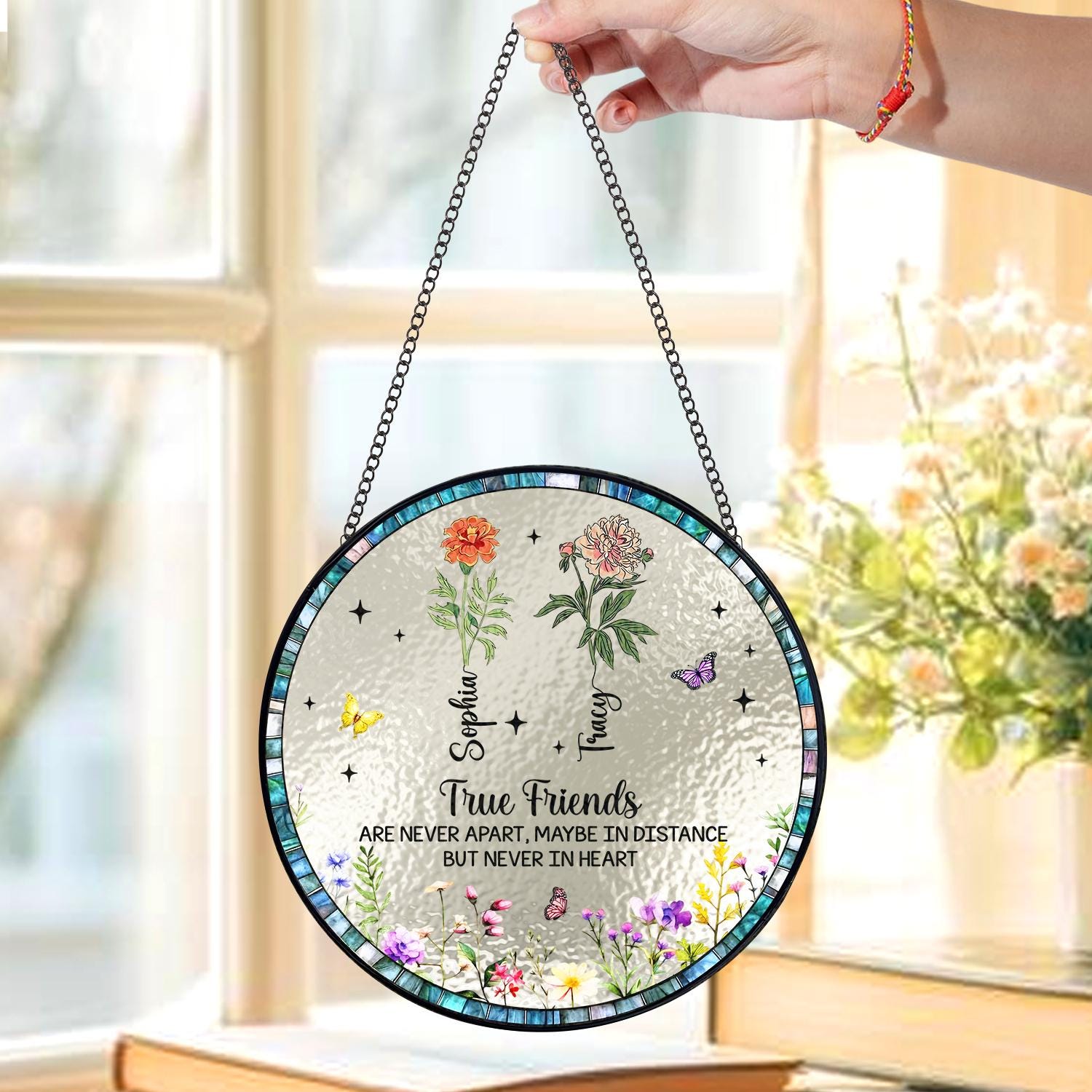 Best Friends Stained Glass Suncatcher, Personalized Best Friend Birth Month Flower, Friendship Gift, Soul Sisters Gift,Besties Birthday Gift