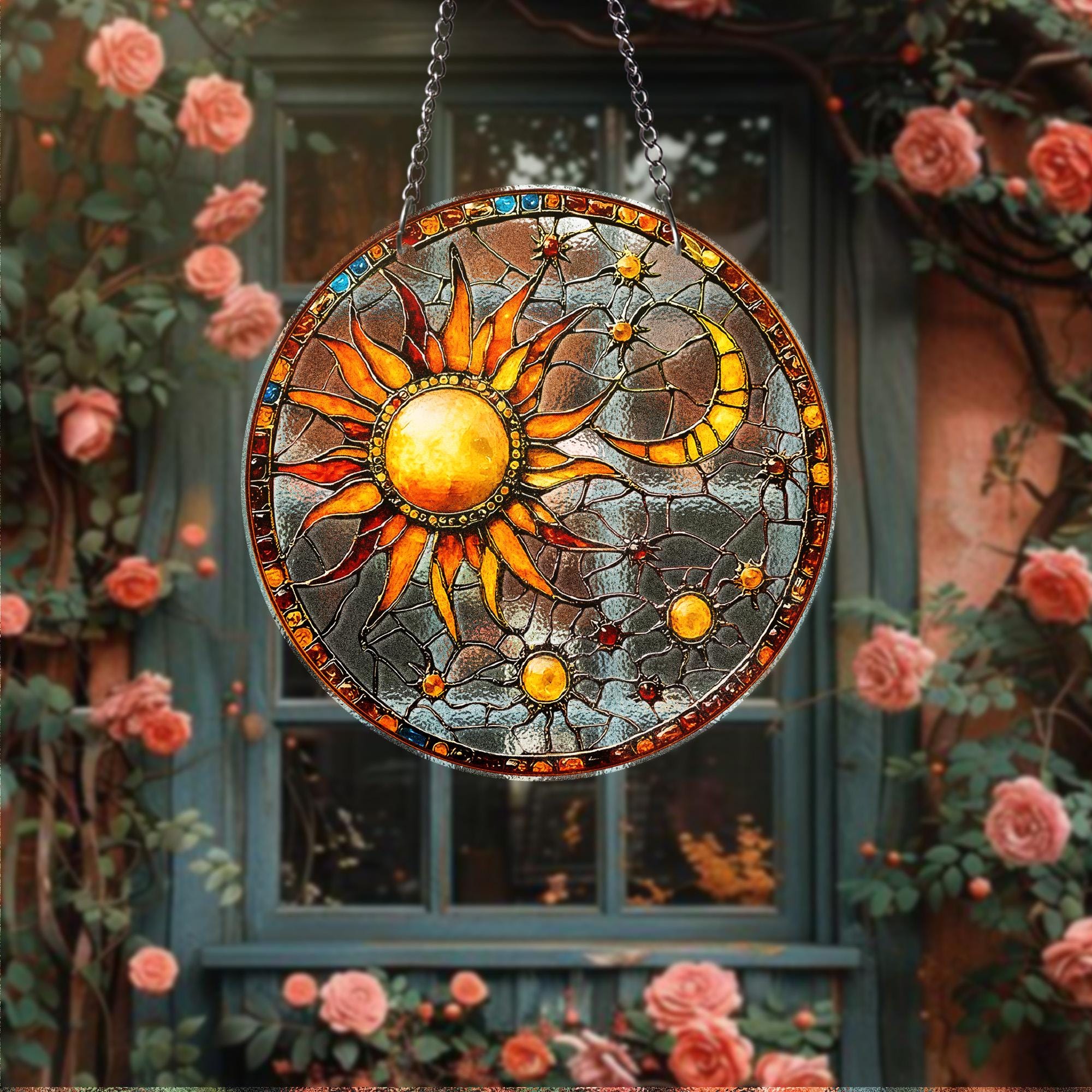 Sun and Moon STAINED GLASS Suncatcher Celestial Window Hanging, Handmade Sun Catcher Gift for Astrology and Boho Decor Lovers, Sun Lover