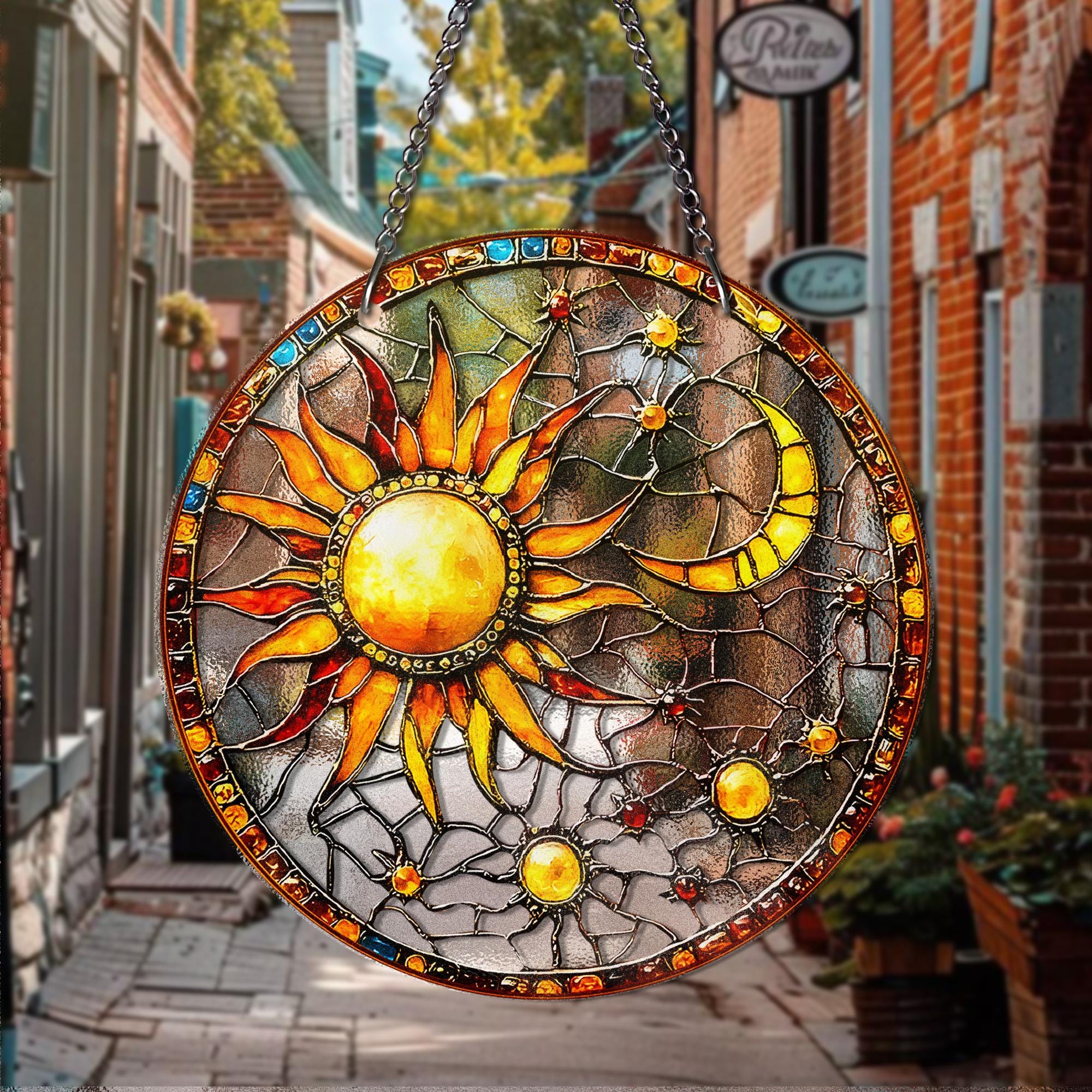 Sun and Moon STAINED GLASS Suncatcher Celestial Window Hanging, Handmade Sun Catcher Gift for Astrology and Boho Decor Lovers, Sun Lover