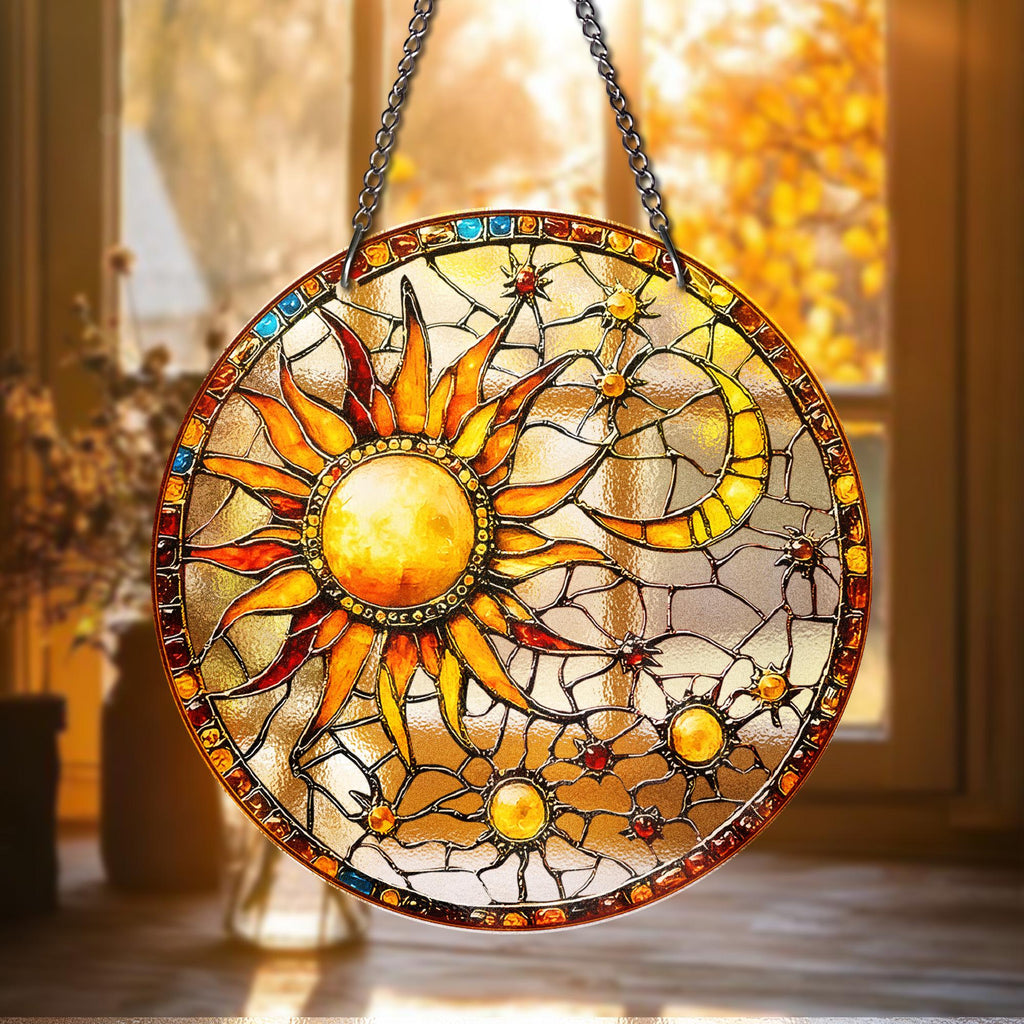 Sun and Moon STAINED GLASS Suncatcher Celestial Window Hanging, Handmade Sun Catcher Gift for Astrology and Boho Decor Lovers, Sun Lover