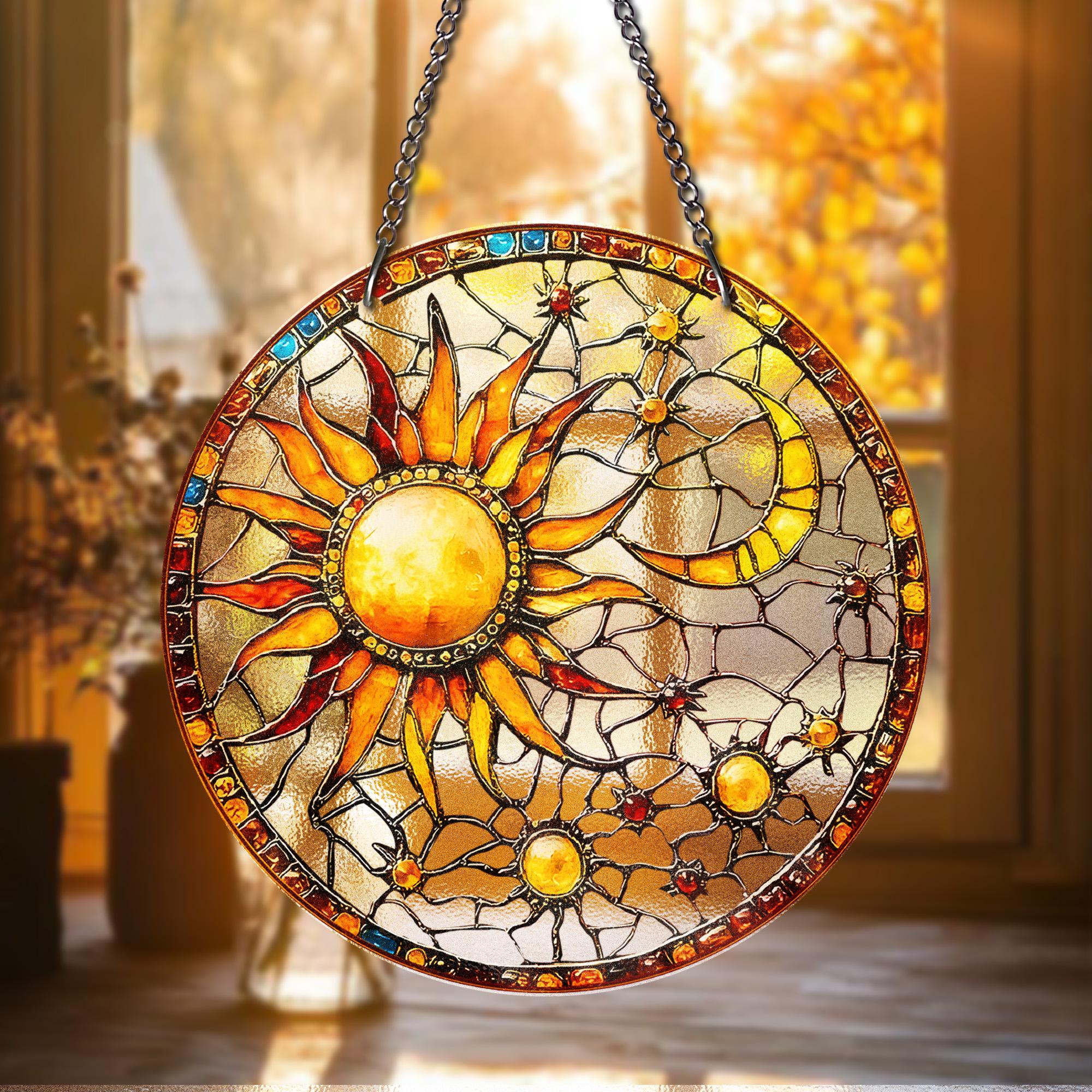 Sun and Moon STAINED GLASS Suncatcher Celestial Window Hanging, Handmade Sun Catcher Gift for Astrology and Boho Decor Lovers, Sun Lover