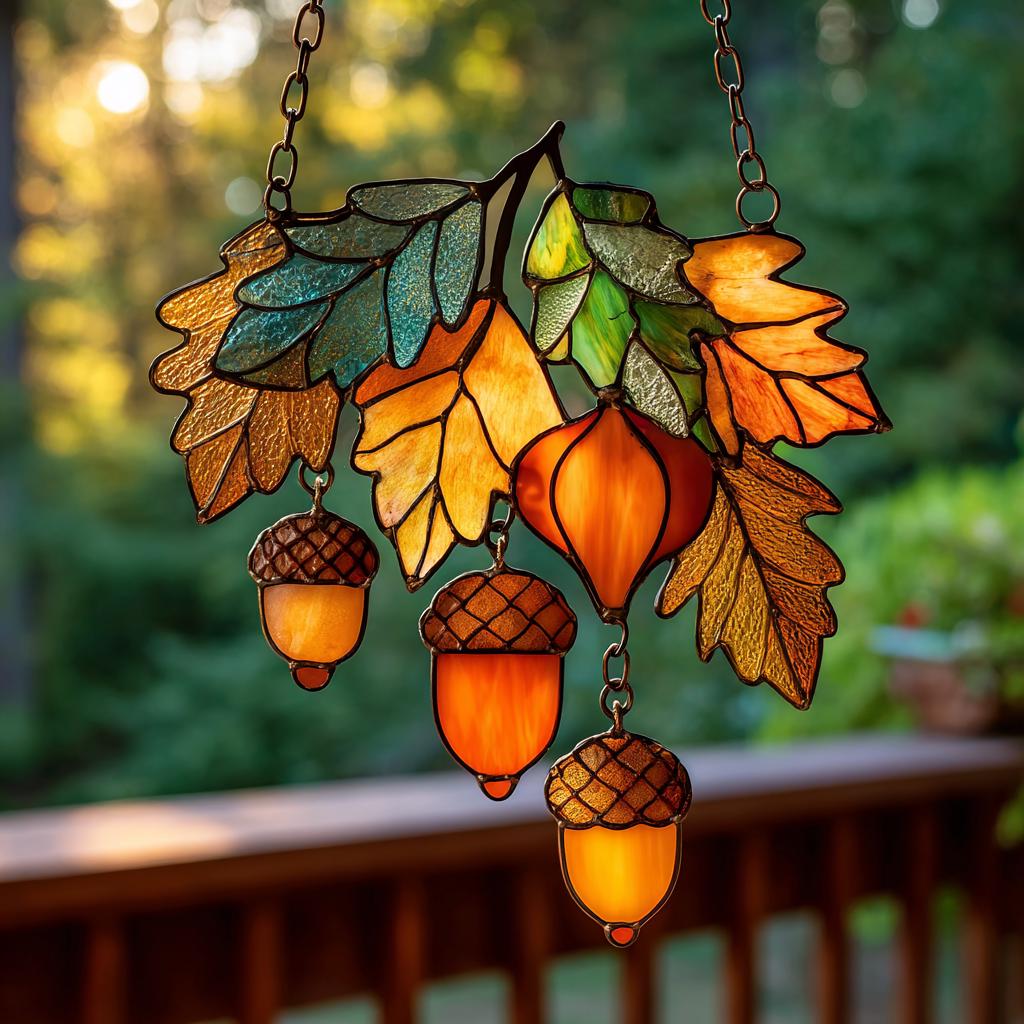 Autumn Leaves And Acorns Acrylic Suncatcher - Faux Stained Glass Window Hanging - Fall Decor for Nature Lovers & Cozy Homes