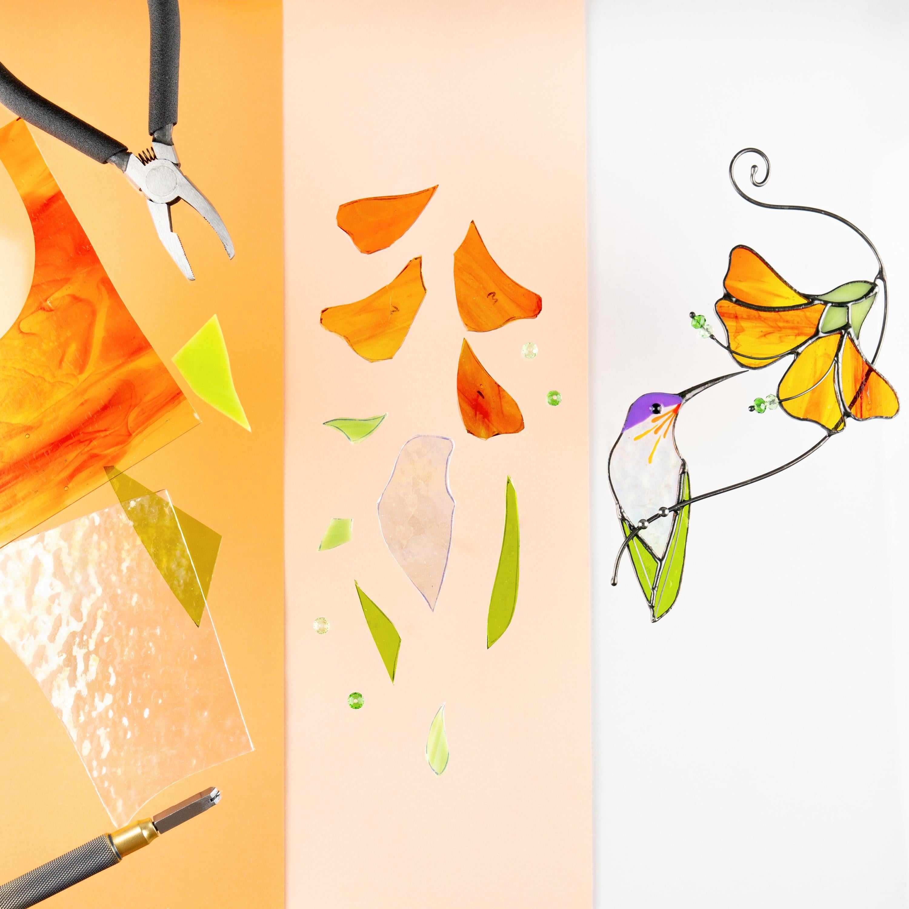 Hummingbird stained glass sun catcher Unique gift for mom Flower stained glass window hangings Grandma Christmas gift 6th anniversary gift