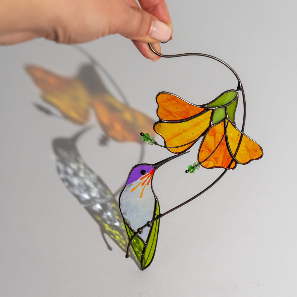 Hummingbird stained glass sun catcher Unique gift for mom Flower stained glass window hangings Grandma Christmas gift 6th anniversary gift