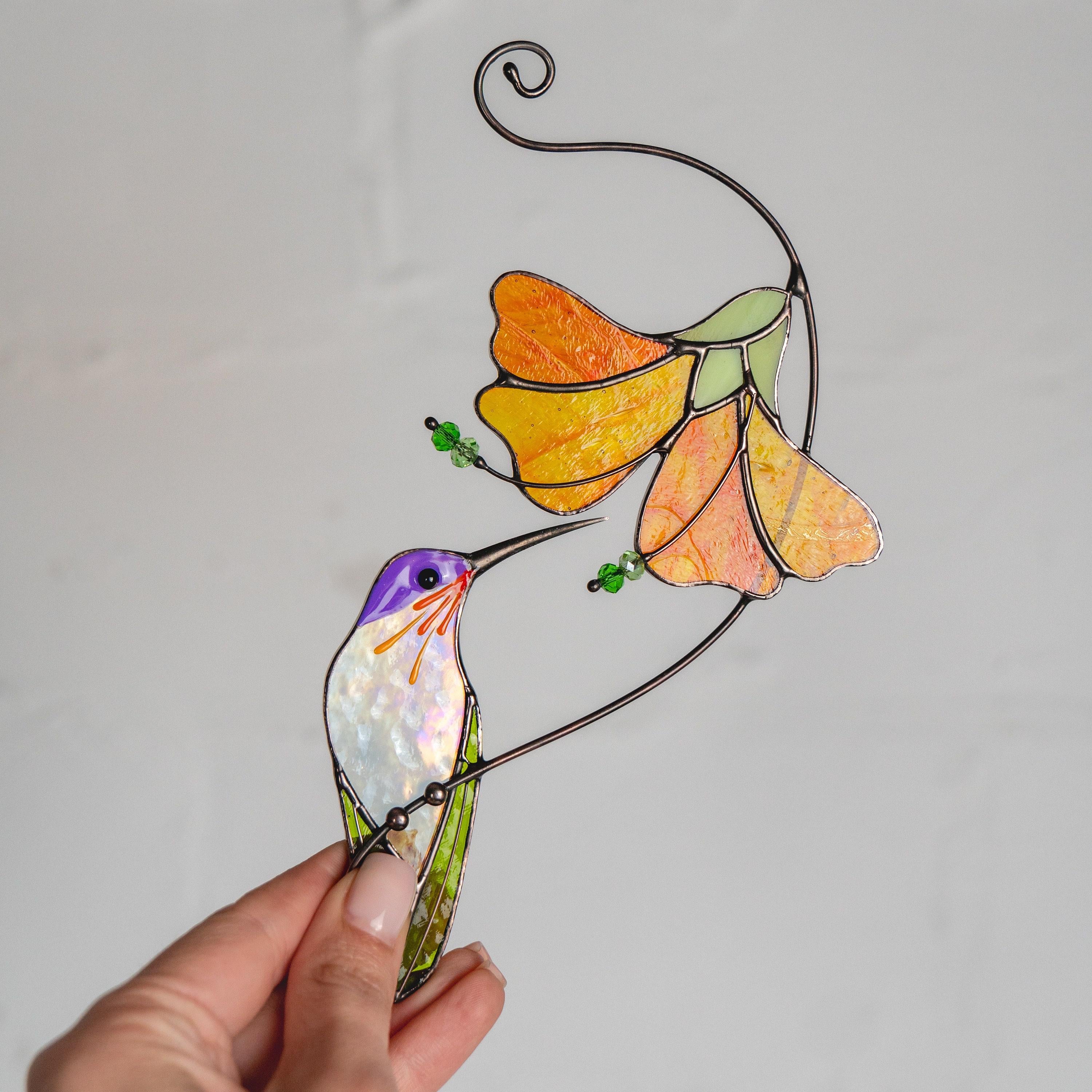 Hummingbird stained glass sun catcher Unique gift for mom Flower stained glass window hangings Grandma Christmas gift 6th anniversary gift