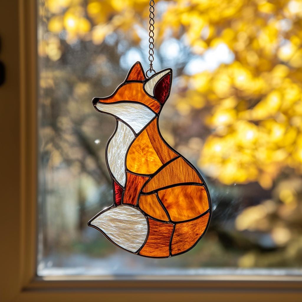 Handmade Fox Stained Glass Suncatcher, Orange Fox Window Hanging, Fall Woodland Animal Decor Gift Fall Season Decor