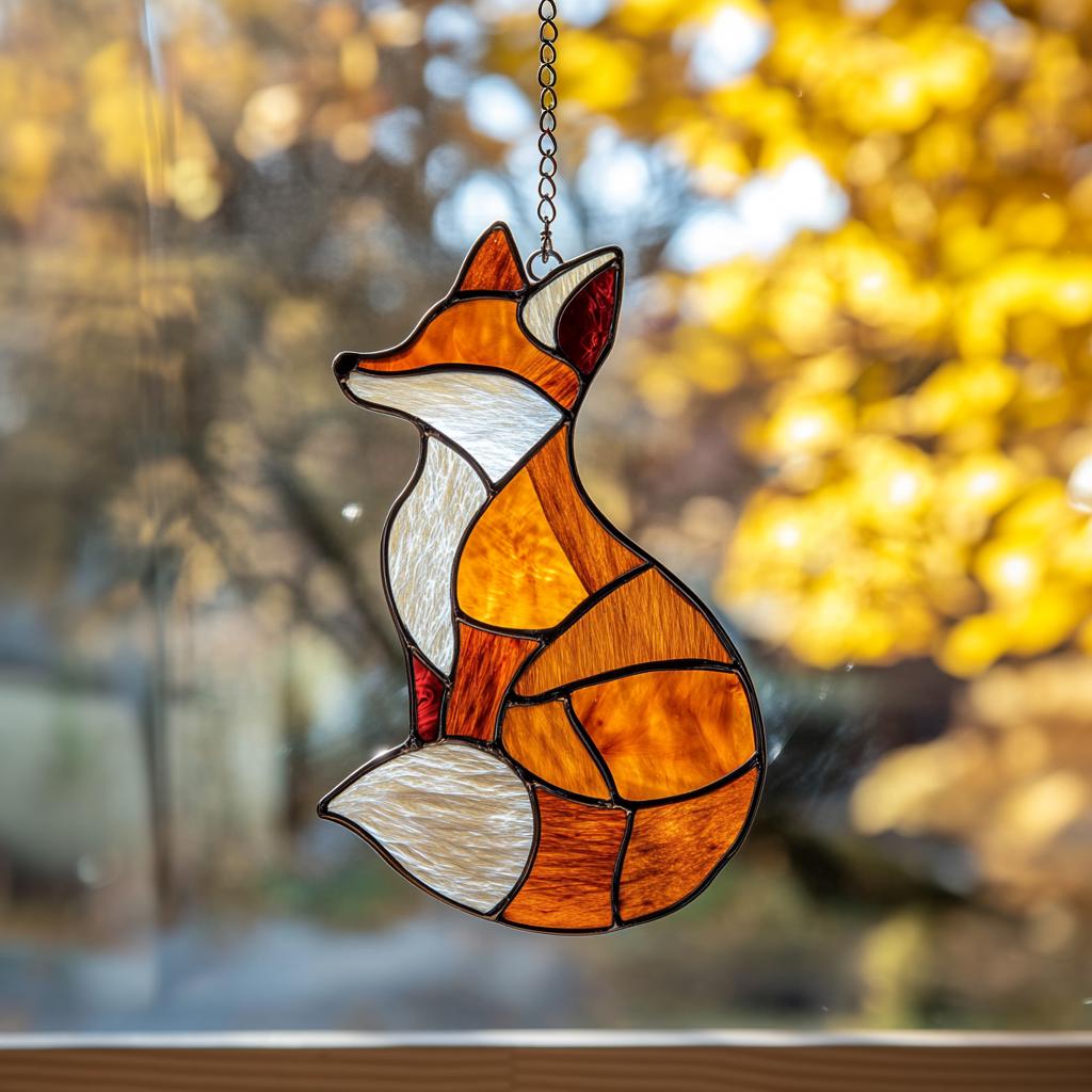 Handmade Fox Stained Glass Suncatcher, Orange Fox Window Hanging, Fall Woodland Animal Decor Gift Fall Season Decor
