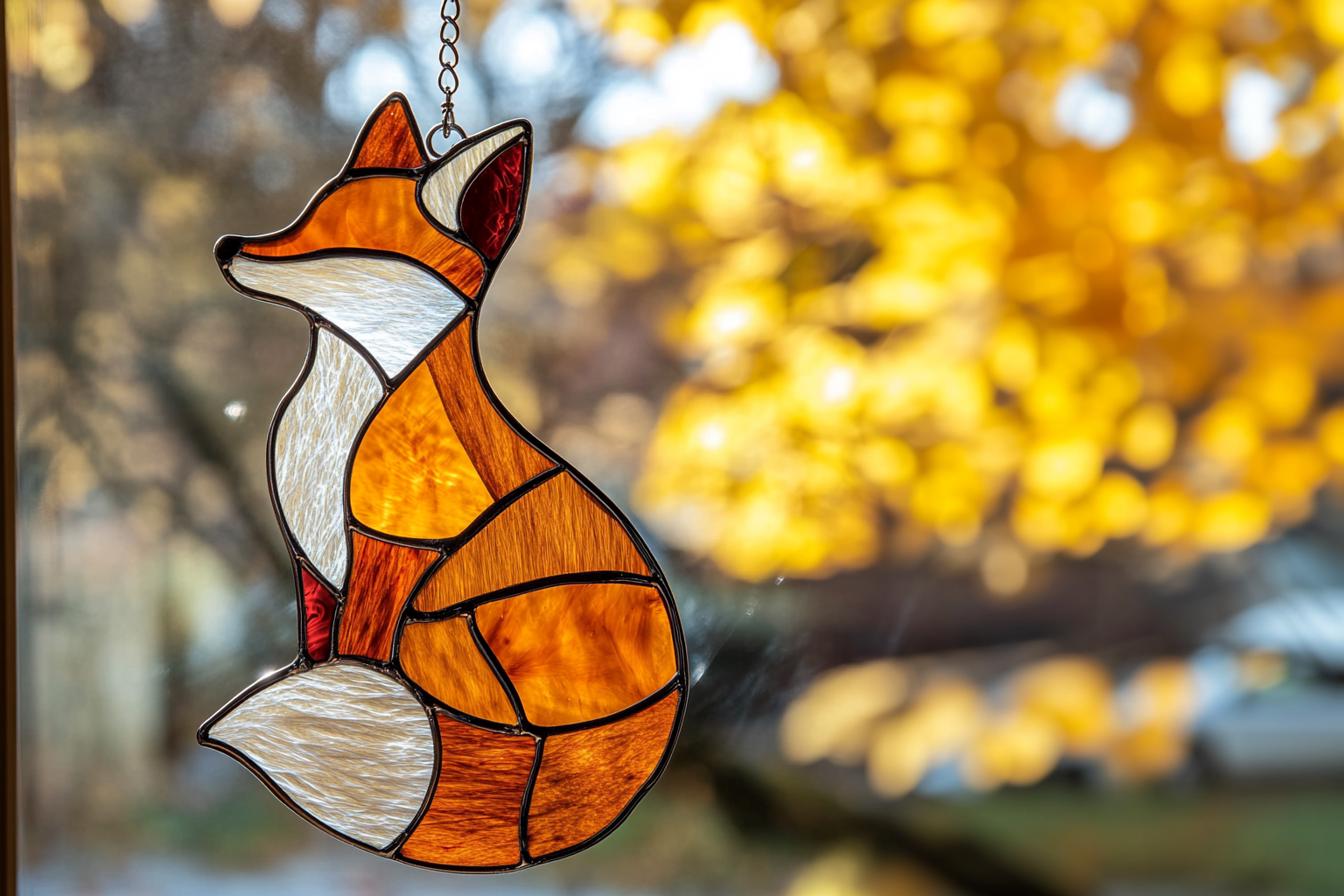 Handmade Fox Stained Glass Suncatcher, Orange Fox Window Hanging, Fall Woodland Animal Decor Gift Fall Season Decor