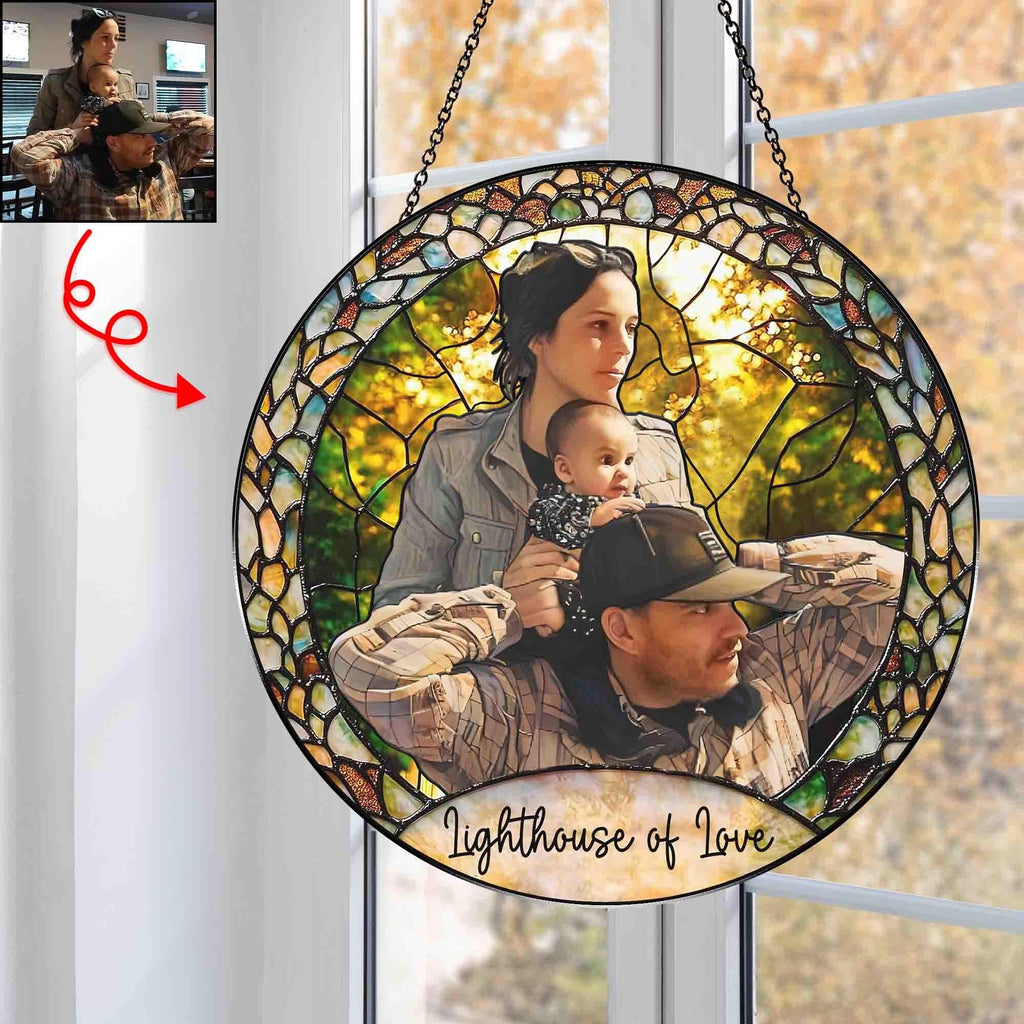 Custom Photo Stained Glass Suncatcher, Wedding Anniversary Valentine Gift, Couple Personalized Window Hanging Suncatcher, For Husband Wife