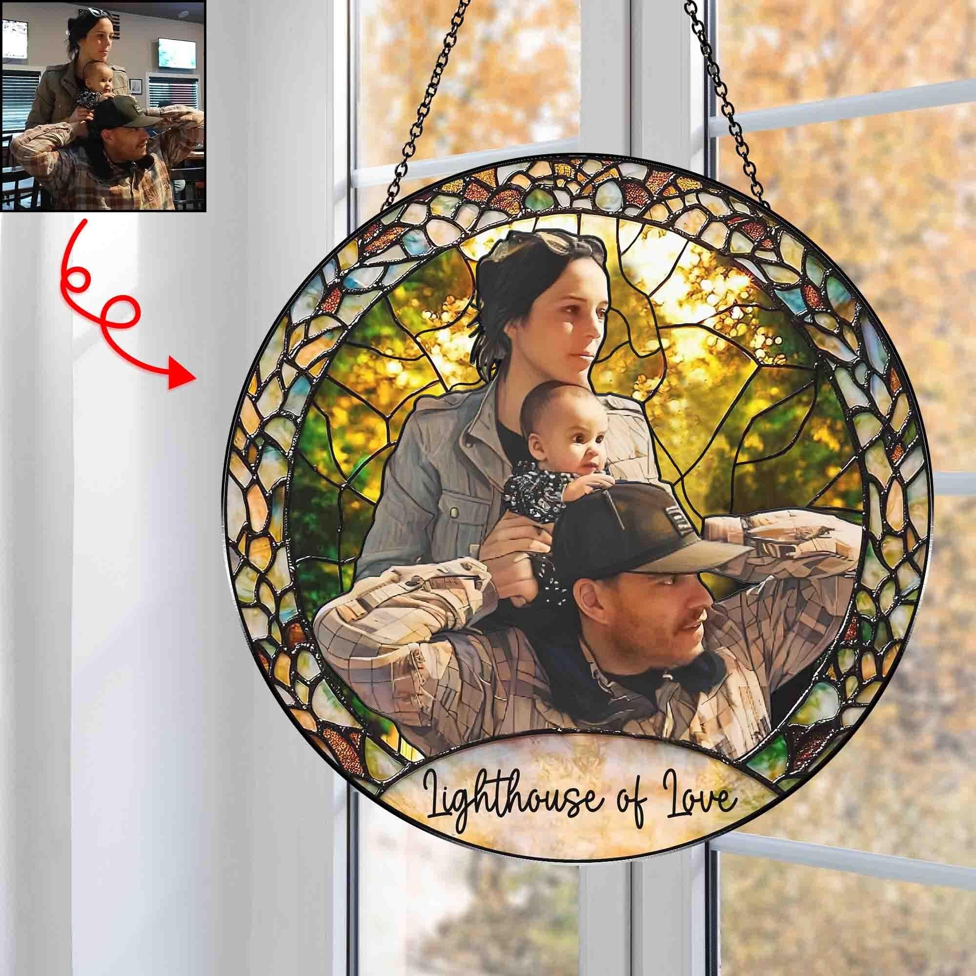 Custom Photo Stained Glass Suncatcher, Wedding Anniversary Valentine Gift, Couple Personalized Window Hanging Suncatcher, For Husband Wife