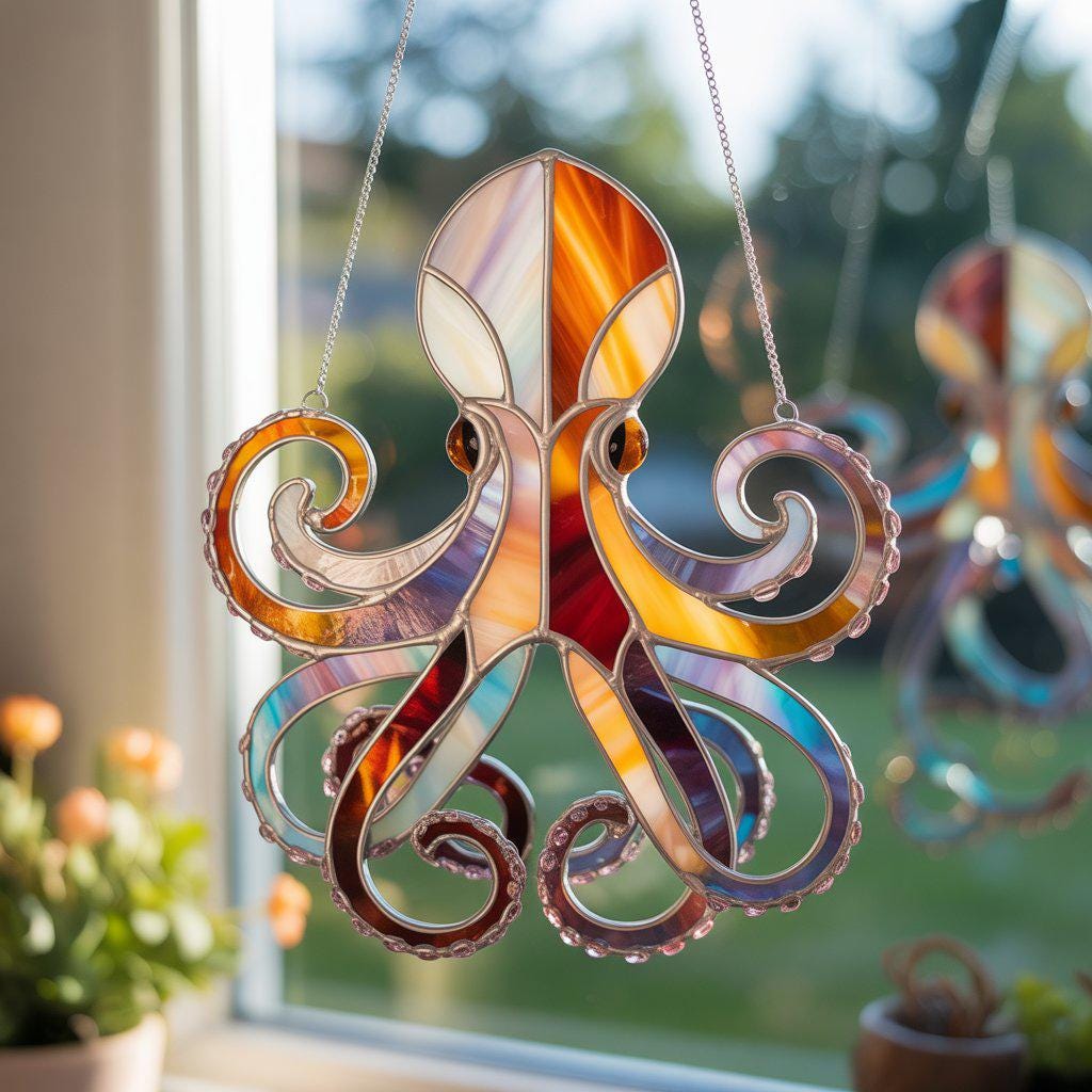 Colorful Stained Octopus Window Hanging – Handmade Ocean Animal Sun Catcher with Swirling Tentacles for Nautical Window Decor