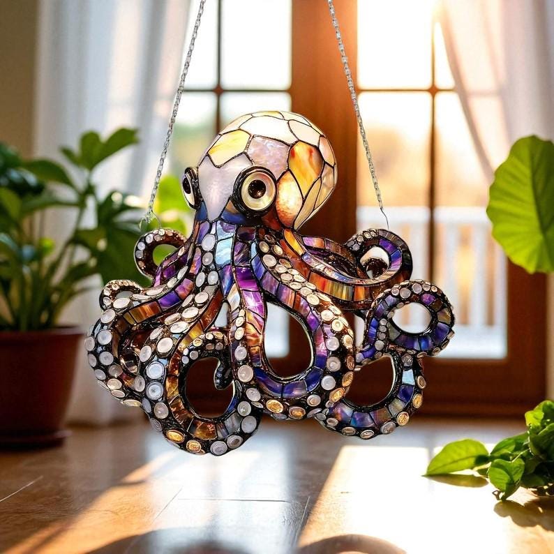 Colorful Stained Octopus Window Hanging – Handmade Ocean Animal Sun Catcher with Swirling Tentacles for Nautical Window Decor
