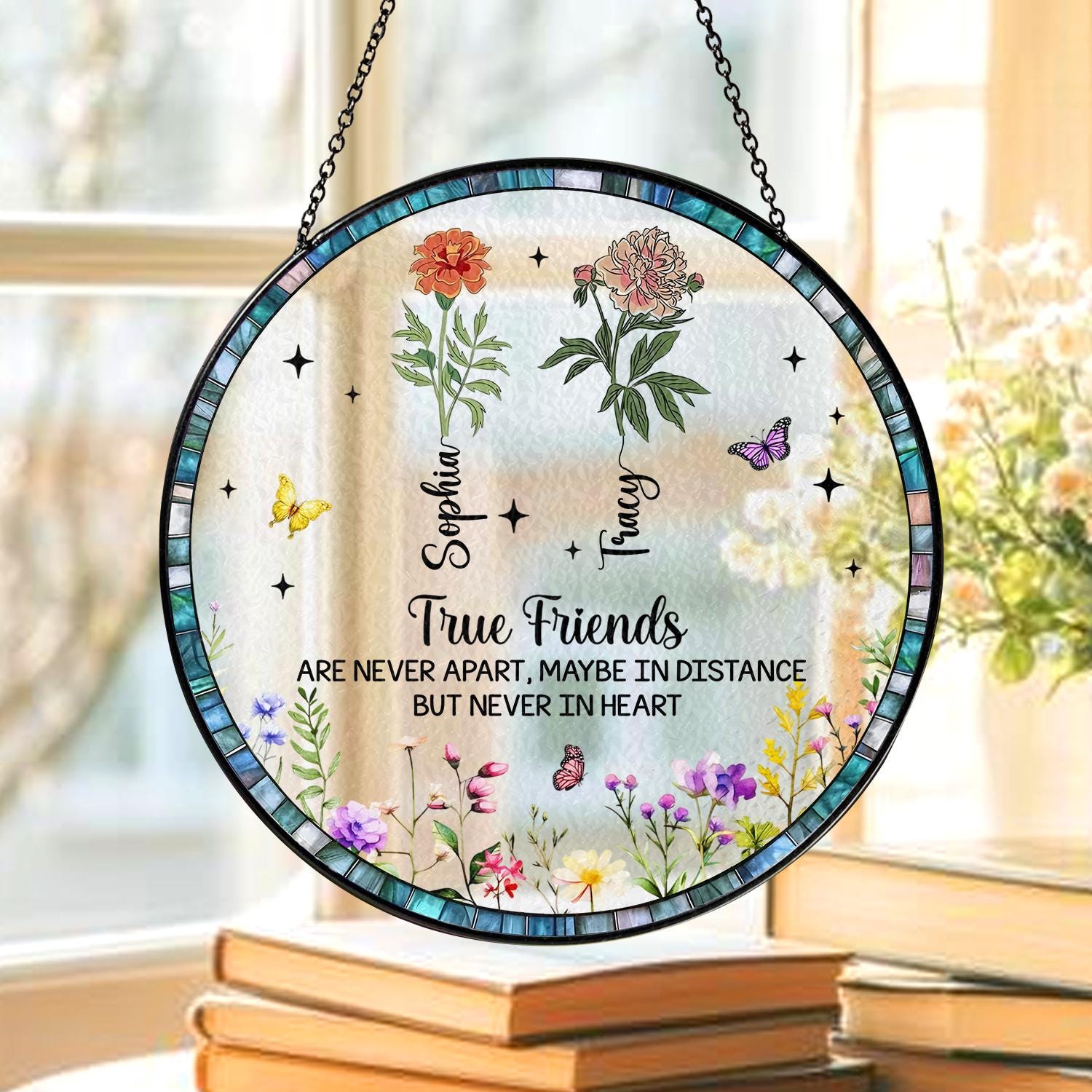 Best Friends Stained Glass Suncatcher, Personalized Best Friend Birth Month Flower, Friendship Gift, Soul Sisters Gift,Besties Birthday Gift