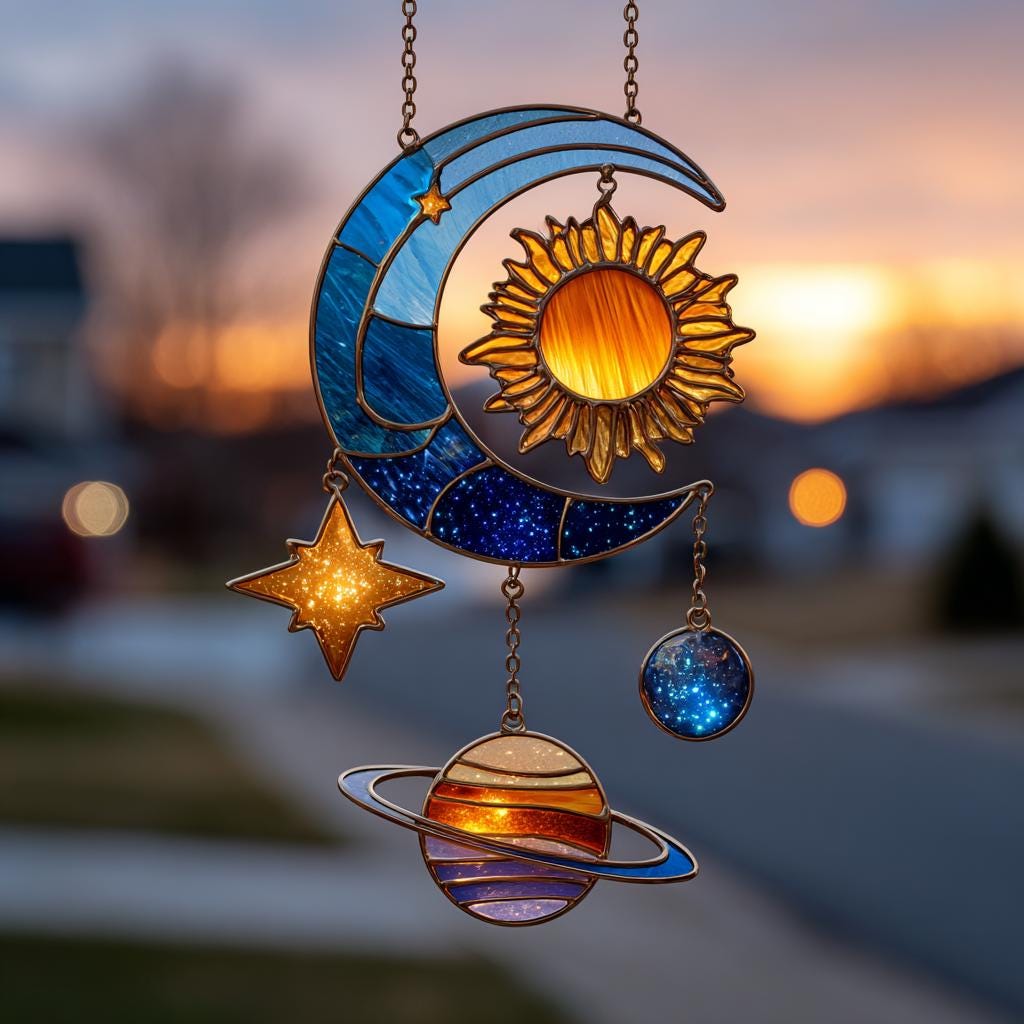 Celestial Planet Sun Moon Acrylic Suncatcher - Faux Stained Glass Window Hanging - Cosmic Solar System Decor Gift For Stargazers