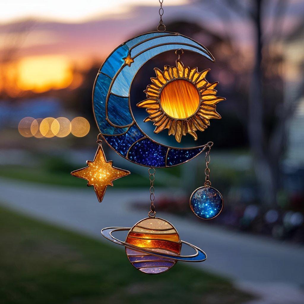 Celestial Planet Sun Moon Acrylic Suncatcher - Faux Stained Glass Window Hanging - Cosmic Solar System Decor Gift For Stargazers