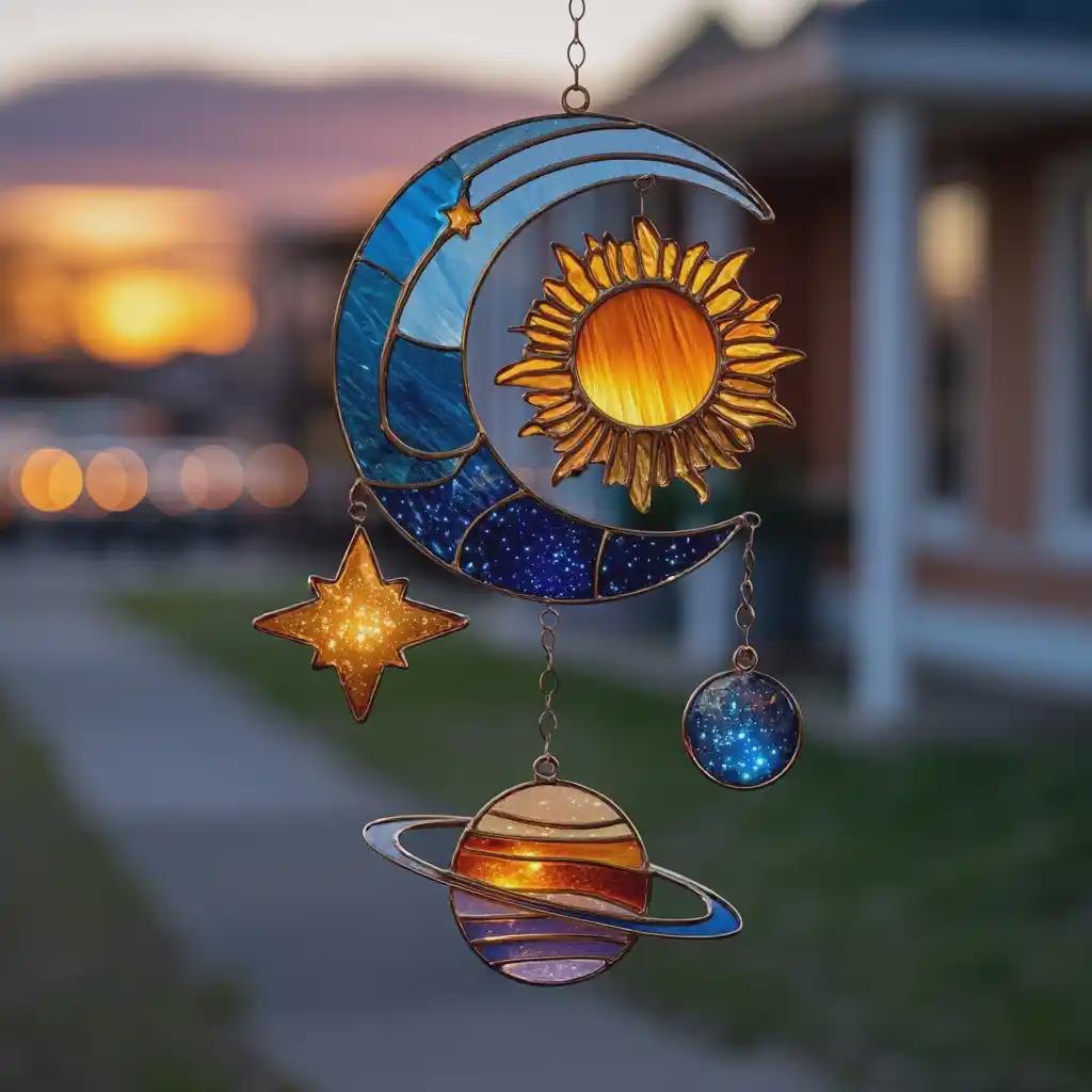 Celestial Planet Sun Moon Acrylic Suncatcher - Faux Stained Glass Window Hanging - Cosmic Solar System Decor Gift For Stargazers