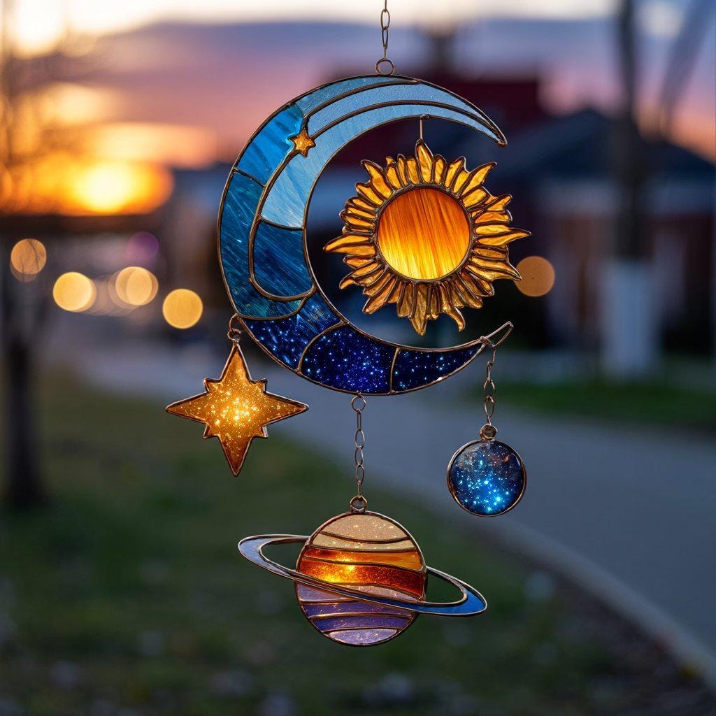 Celestial Planet Sun Moon Acrylic Suncatcher - Faux Stained Glass Window Hanging - Cosmic Solar System Decor Gift For Stargazers
