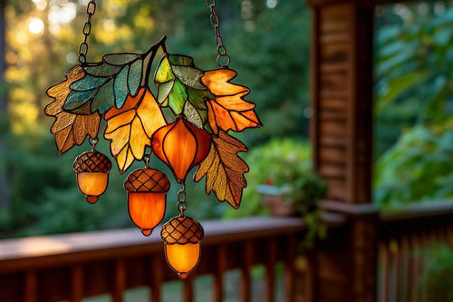 Autumn Leaves And Acorns Acrylic Suncatcher - Faux Stained Glass Window Hanging - Fall Decor for Nature Lovers & Cozy Homes