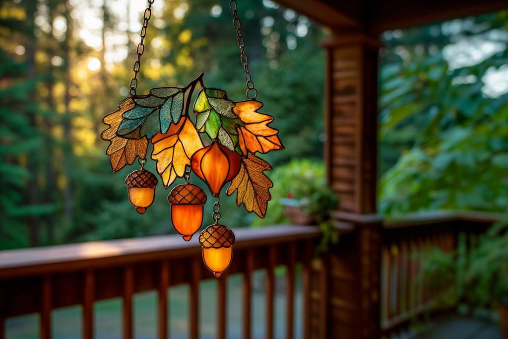 Autumn Leaves And Acorns Acrylic Suncatcher - Faux Stained Glass Window Hanging - Fall Decor for Nature Lovers & Cozy Homes
