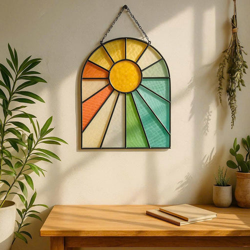 Stained Glass Sun Wall Hanging – Arched Rainbow Suncatcher Window Panel – Abstract Geometric Glass Art Decor – Handmade Boho Home Gift