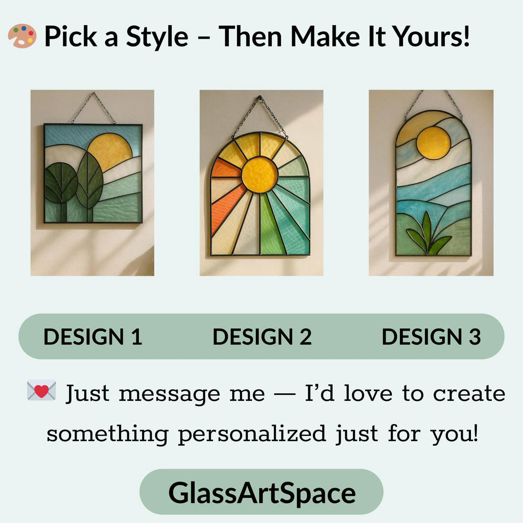 Stained Glass Sun Wall Hanging – Arched Rainbow Suncatcher Window Panel – Abstract Geometric Glass Art Decor – Handmade Boho Home Gift