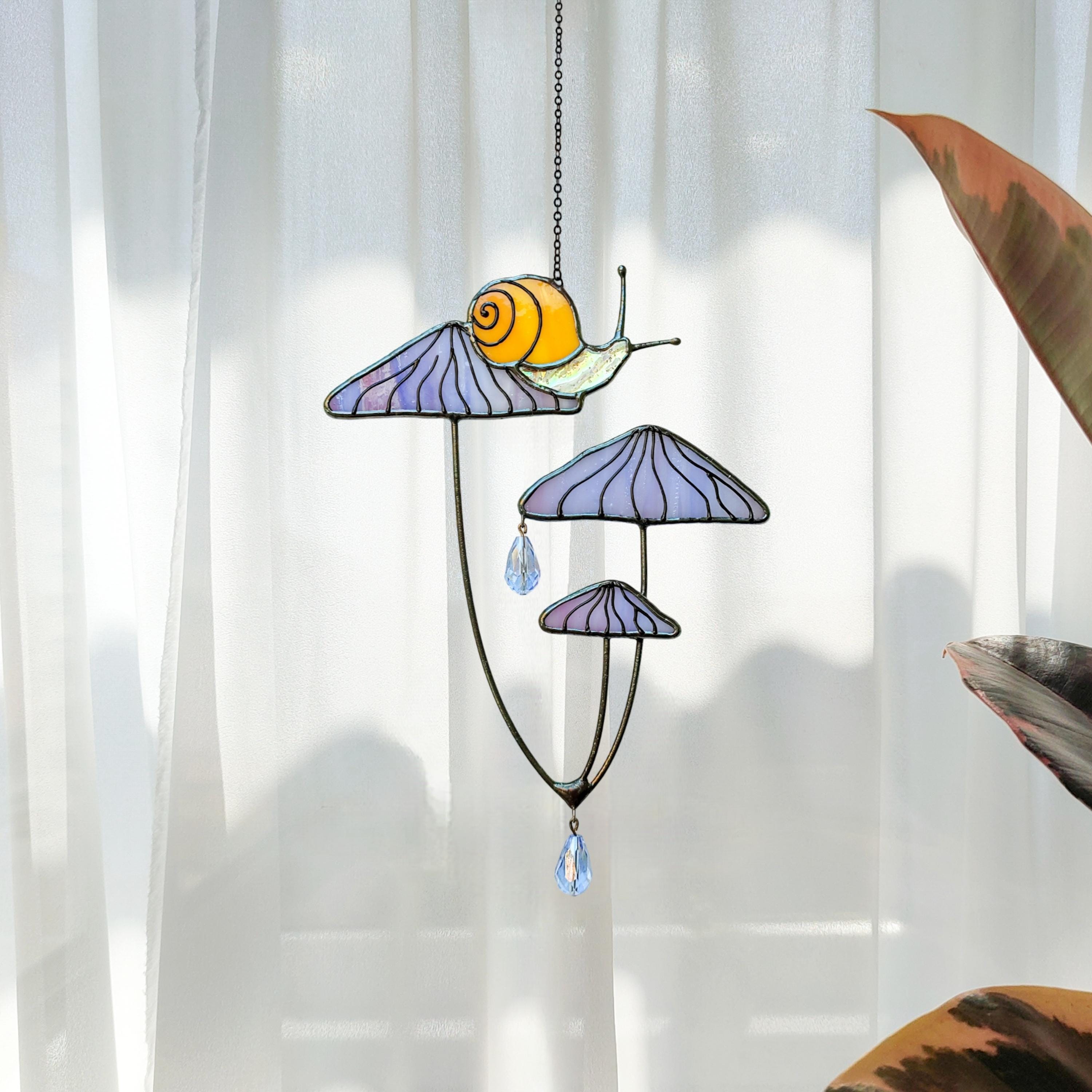 Mushrooms with Snail Stained Glass Window Hangings. Pink Suncatcher Mushrooms for Home Decoration. Perfect Gift for Friends or Coworkers.