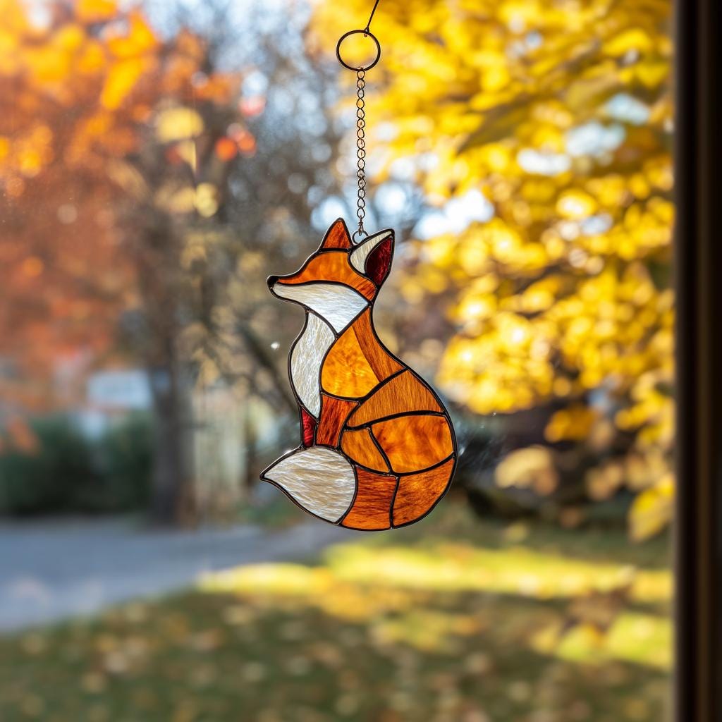 Handmade Fox Stained Glass Suncatcher, Orange Fox Window Hanging, Fall Woodland Animal Decor Gift Fall Season Decor