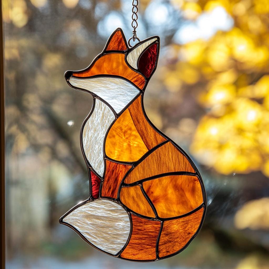 Handmade Fox Stained Glass Suncatcher, Orange Fox Window Hanging, Fall Woodland Animal Decor Gift Fall Season Decor