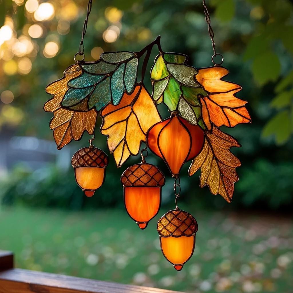 Autumn Leaves And Acorns Acrylic Suncatcher - Faux Stained Glass Window Hanging - Fall Decor for Nature Lovers & Cozy Homes