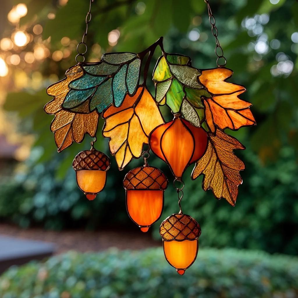 Autumn Leaves And Acorns Acrylic Suncatcher - Faux Stained Glass Window Hanging - Fall Decor for Nature Lovers & Cozy Homes